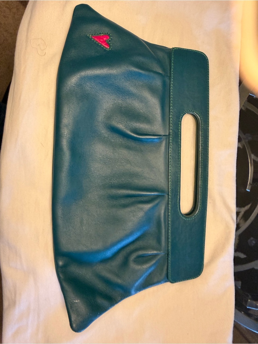 T-Bags Teal Leather Clutch with Pink Heart Accent